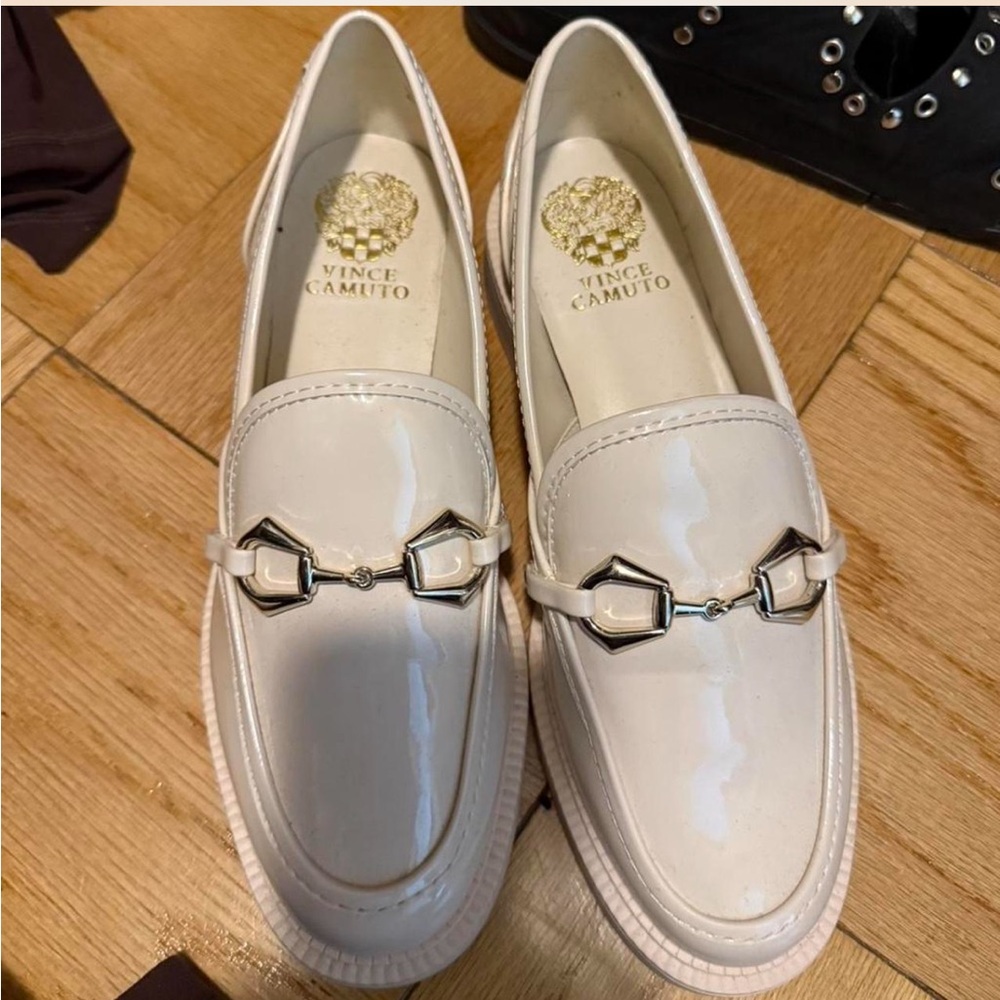 Vince Camuto Cream Patent Leather Horsebit Loafers